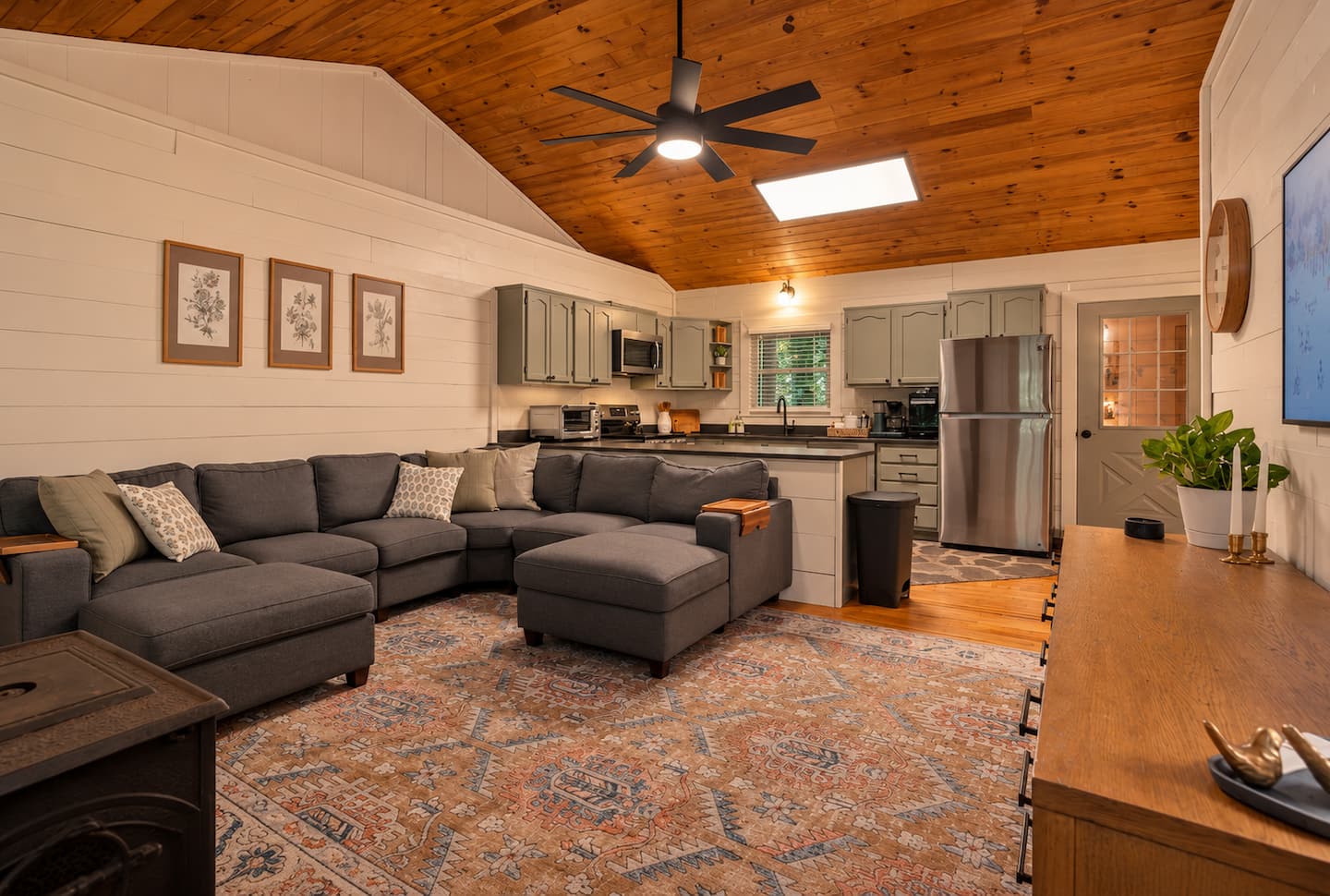 Warm, open cabin living room