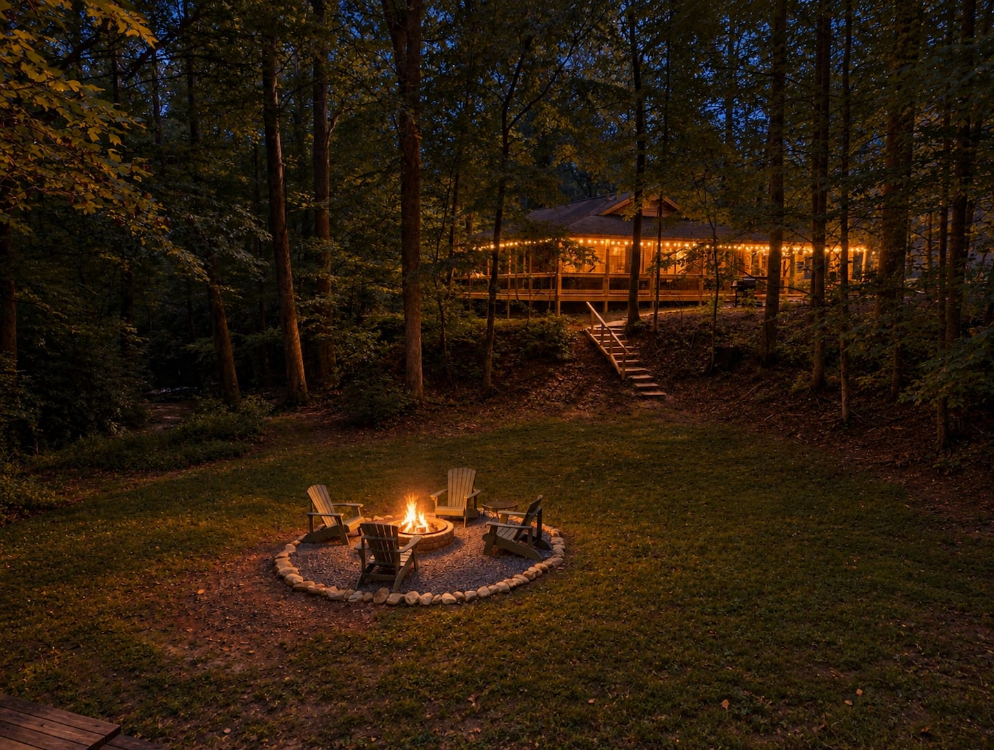 A glowing firepit outside Bailey Creek Cabin at dusk
